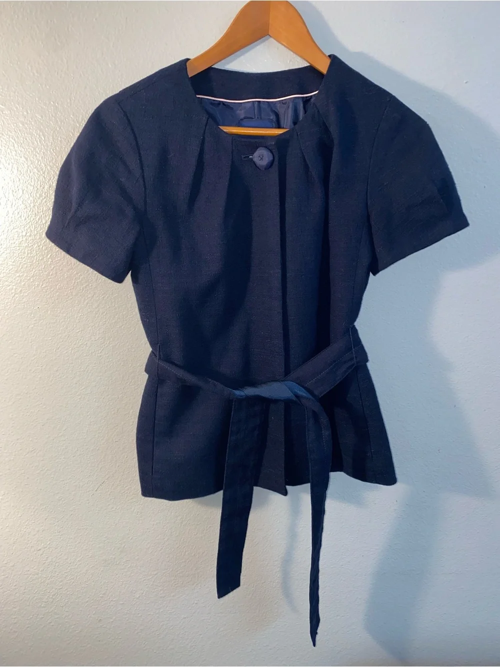 J. Crew Navy Blue Textured Short Sleeve Belted Tie Waist Jacket Size 4